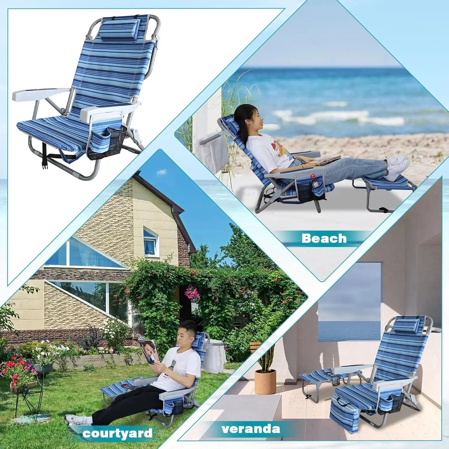 Backpack Folding Beach Chairs Set of 2 Heavy Duty 350Ibs with Camping Table Portable Lay Flat Beach Chair 5-Position Adjustable