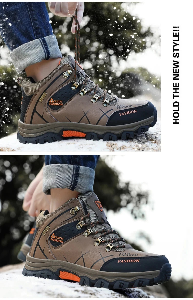 Brand Men Winter Snow Boots Waterproof Leather Sneakers Super Warm Men's Boots Outdoor Male Hiking Boots Work Shoes Size 39-47