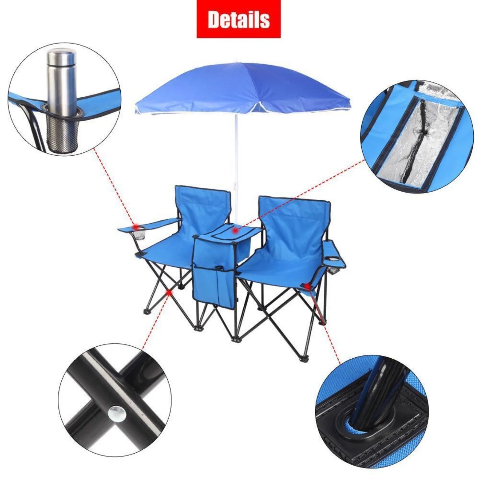 US Camping Portable Outdoor 2-Seat Folding Chair with Beach Umbrella & Mini Table Carrying Bag, Camping Chair for Patio