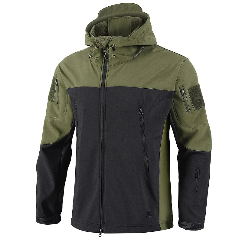 New Patchwork Soft Shell Tactical Hooded Jackets Mens Outdoor Waterproof Multiple Pockets Fleece Windbreak Male Caots Autumn