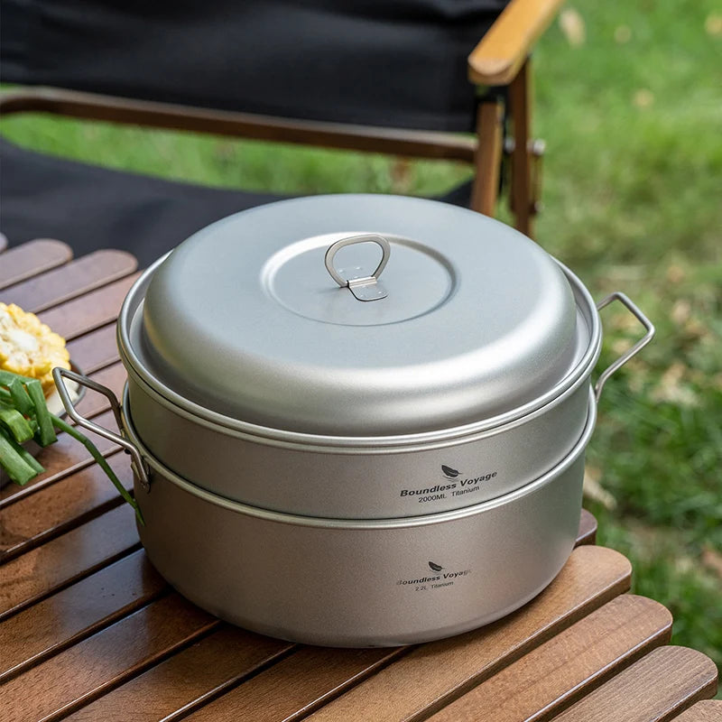 Boundless Voyage 2.2L Titanium Stock Pot & 2L Steamer Outdoor with Lid Soup Pot Kitchen Camping Cookware with Folding Handle