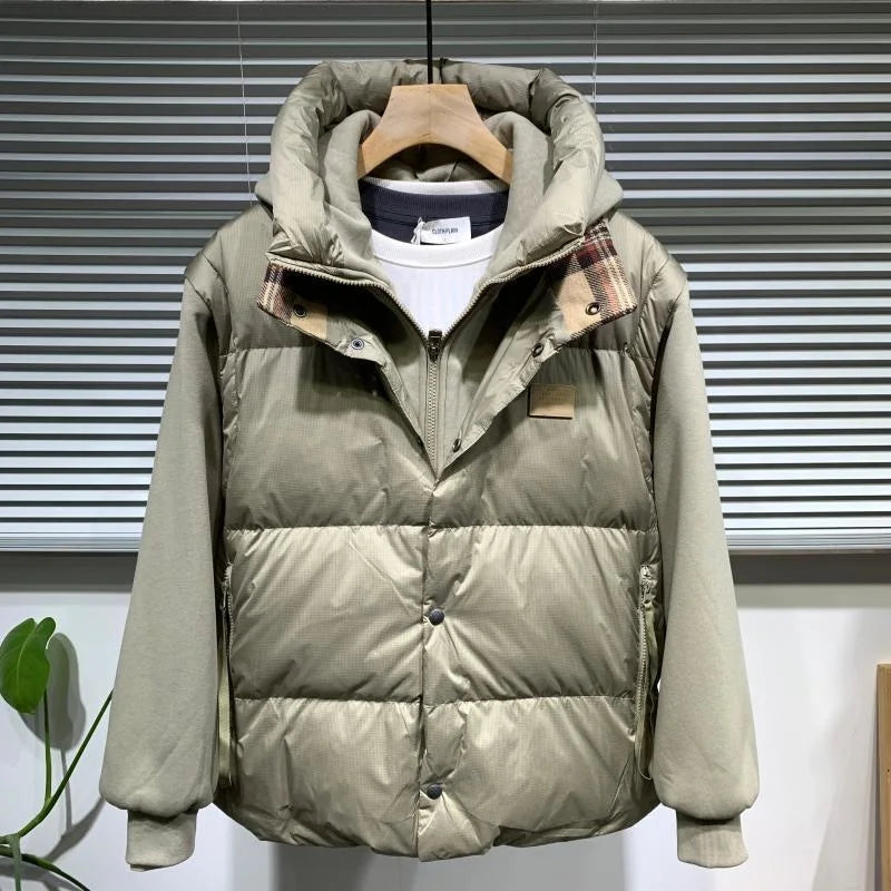 Men's Winter New Style Short Fake Two Piece Hooded Thickened Coat Cotton Padded Jacket Outdoor Trekking Travel Camping Clothing