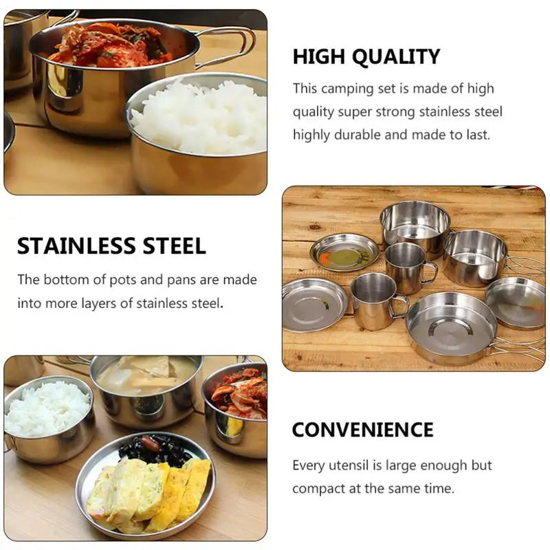 8PCS/SET Camping Cookware Kit Portable Lightweight Stainless Steel Cooking Pot Pan Set W/ Plates Cups for Outdoor Picnic Hiking