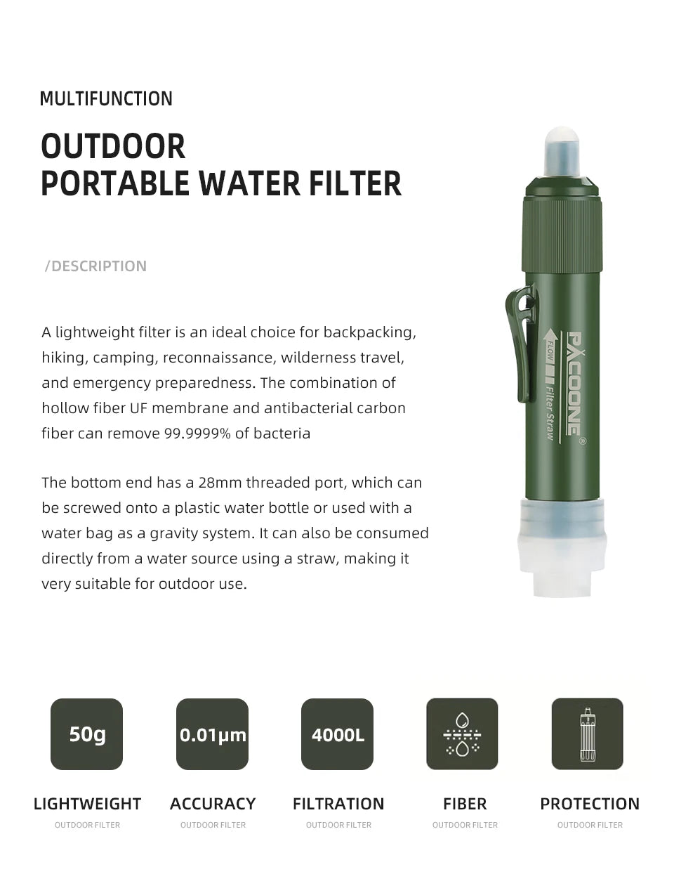 PACOONE Outdoor Survival Water Filter Camping Equipment Water Purifier Water Filtration Emergency Supplies for Camping Hiking