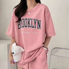 Korean Style Summer Female Sporty Outfit Running Gym Suit Women Clothing Two Piece Sets Short Sleeve T shirt Top Shorts Casual