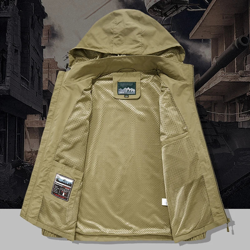 5XL Quality Men's Autumn Soft Shell Hiking Hooded Jackets Outdoor Waterproof Tactical 8 Pockets Windproof Work Safari Cargo Coat