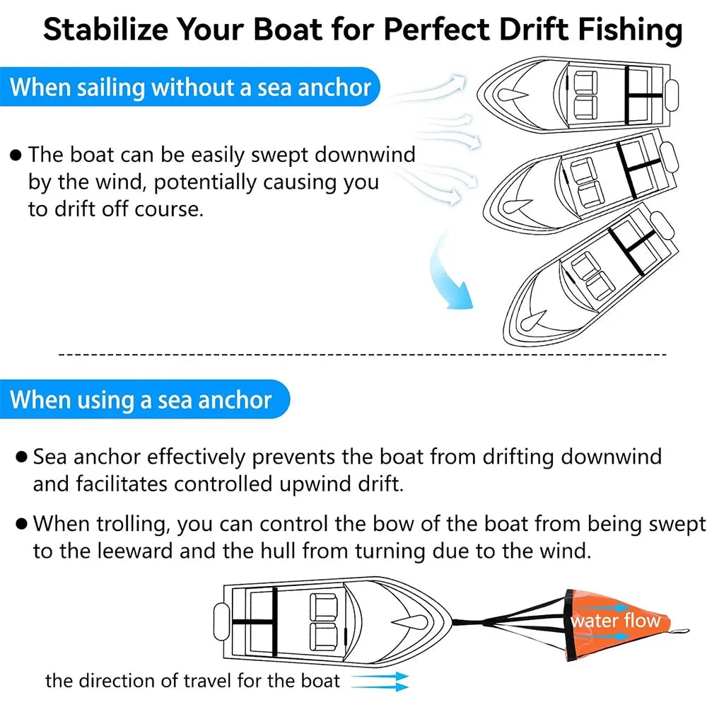 Drift Sock 19/24/32/42/53in   for Boats with 30FT Tow Rope Line Buoy Ball  for Fishing Boat/Sail Boat/Kayak Trolling Sock