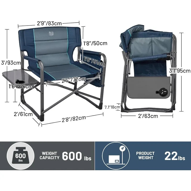 XXL Upgraded Oversized Directors Chairs with Foldable Side Table, Detachable Side Pocket, Heavy Duty Folding Camping Chair up