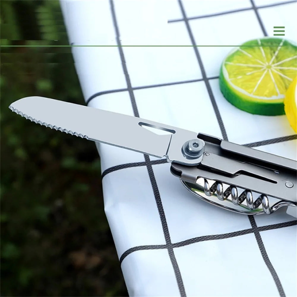 420 Stainless Steel Pocket Knife Multi-tool Portable Fork Spoon Outdoor Survival Camping Folding Knife Detachable Hand Tools