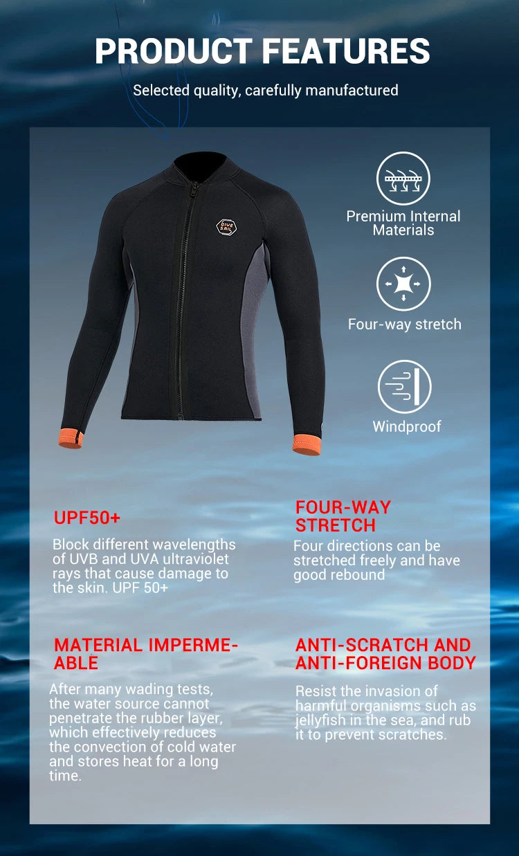 Neoprene 3MM 2MM Men Women Wetsuit Jacket Scuba Diving Suit Surf Snorkeling Underwater Spearfishing Fishing Kitesurf Equipment