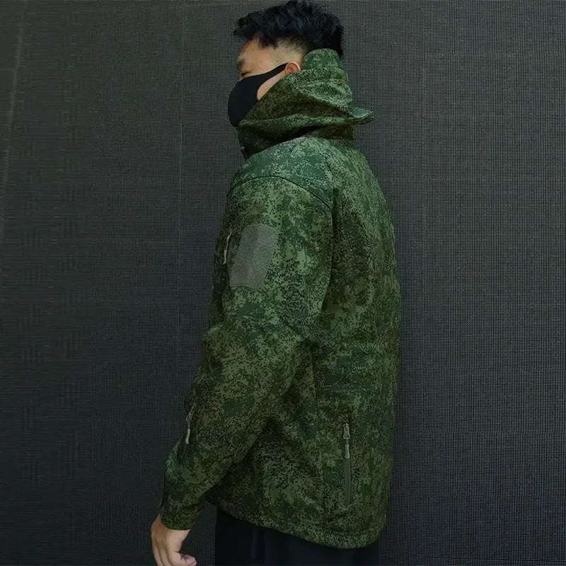 Men's Russian Camouflage Fleece Waterproof Soft Shell Windproof Winter Hooded Jacket Hunting Suit Windbreaker Cardigan