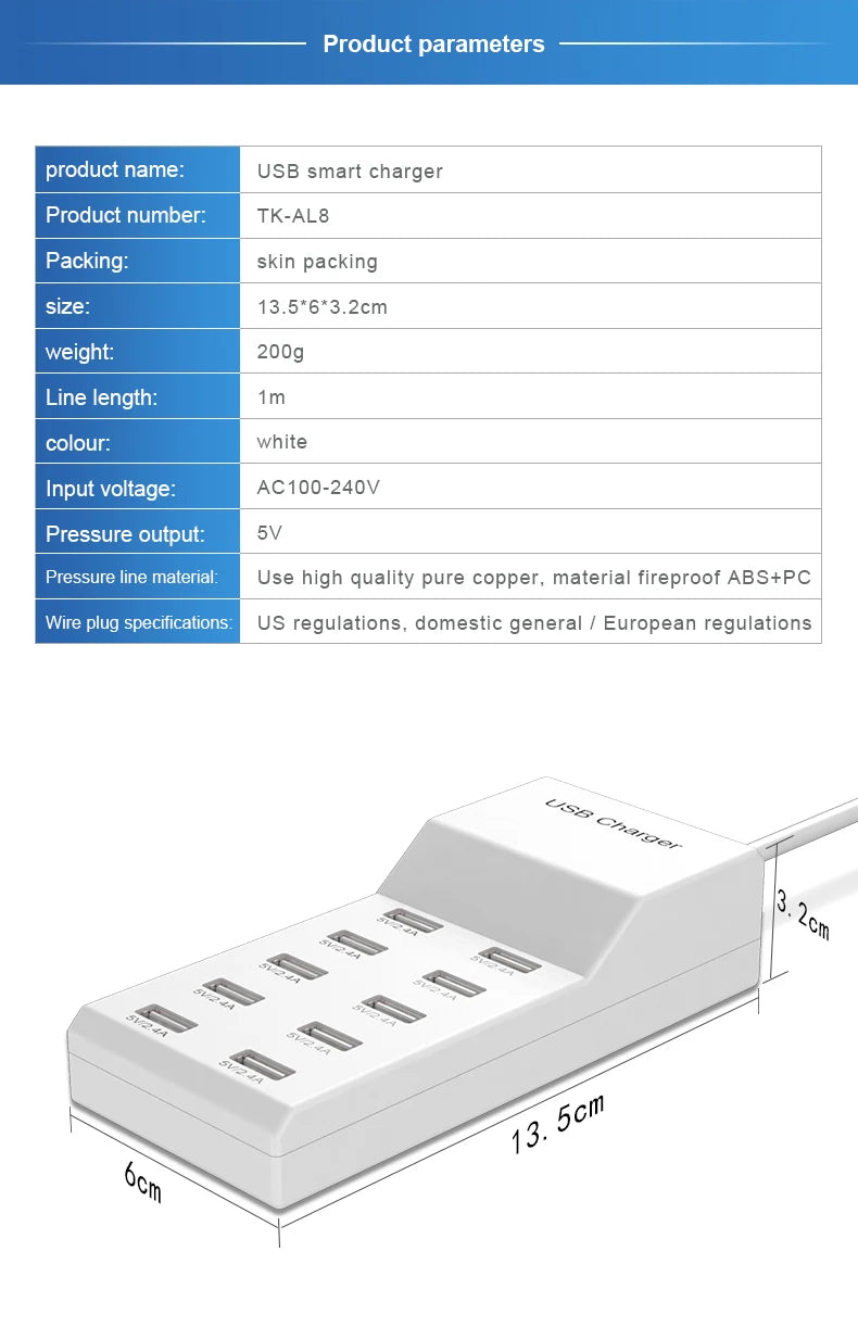 10 Ports 5V USB Hub AC Charger Strip Adapter Portable USB Power Adapter for Home Office Travel Wall Charger EU Plug