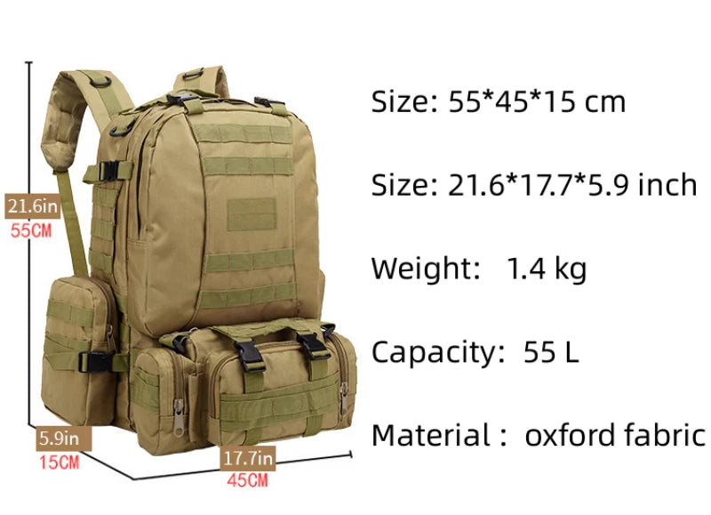 4 in 1 Backpack 55L Tactical Backpack Bag Rucksack Outdoor Sport Bag Men Camping Hiking Travel Climbing Mochila