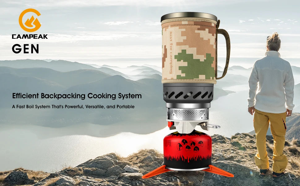 1.4L Portable Cooking System With Heat Exchanger Pot Backpacking Camping Stove with Red Tripod