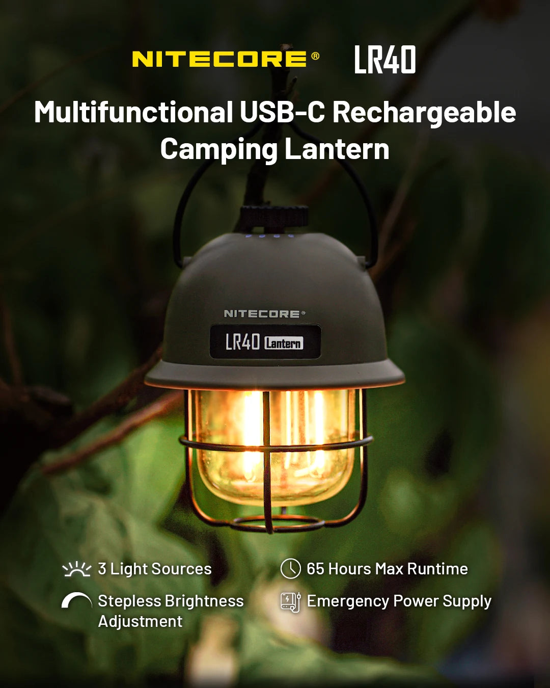 NITECORE 2-in-1 LR40 Camping Light Power Bank 100 Lumen 3 Light Sources Portable LED USB-C Rechargeable Camping Tent Lantern