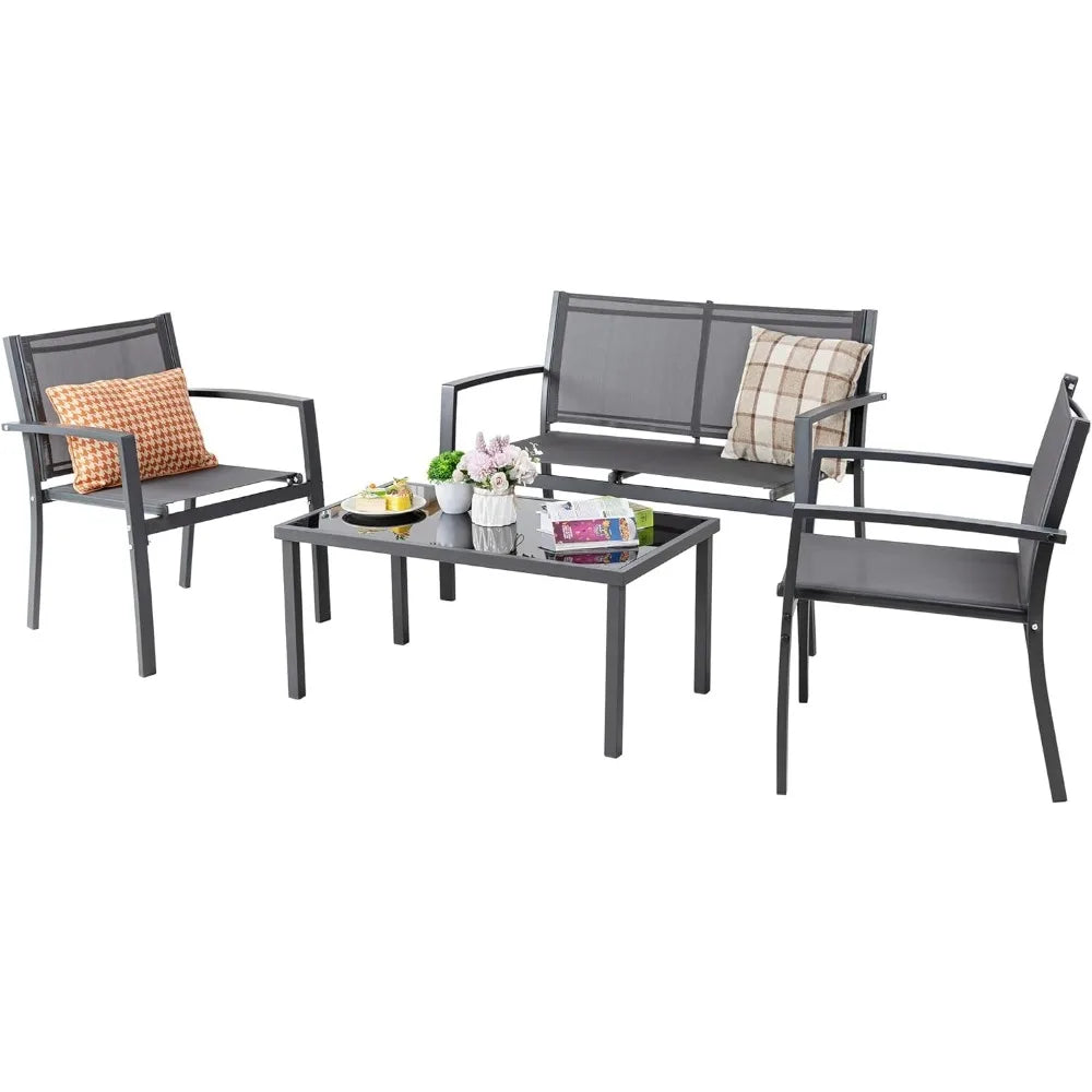 Loveseat Portable Folding Chair Lawn 2 Single Chairs for Home Garden With Glass Coffee Table Porch（Black） Outdoor Furniture