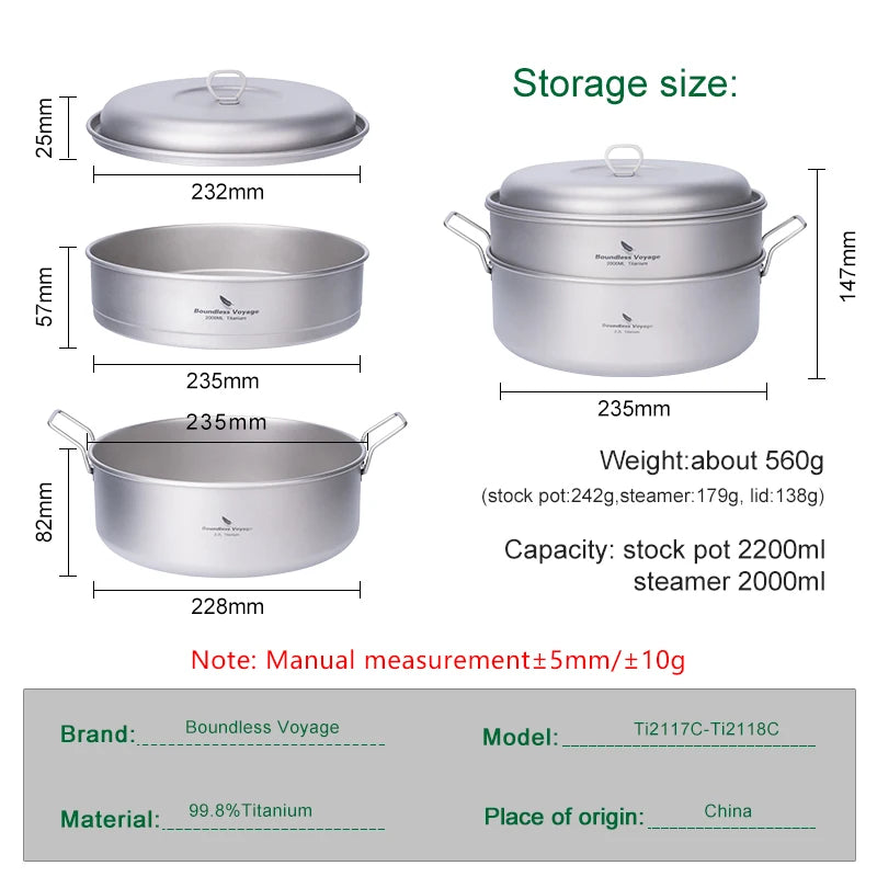 Boundless Voyage 2.2L Titanium Stock Pot & 2L Steamer Outdoor with Lid Soup Pot Kitchen Camping Cookware with Folding Handle