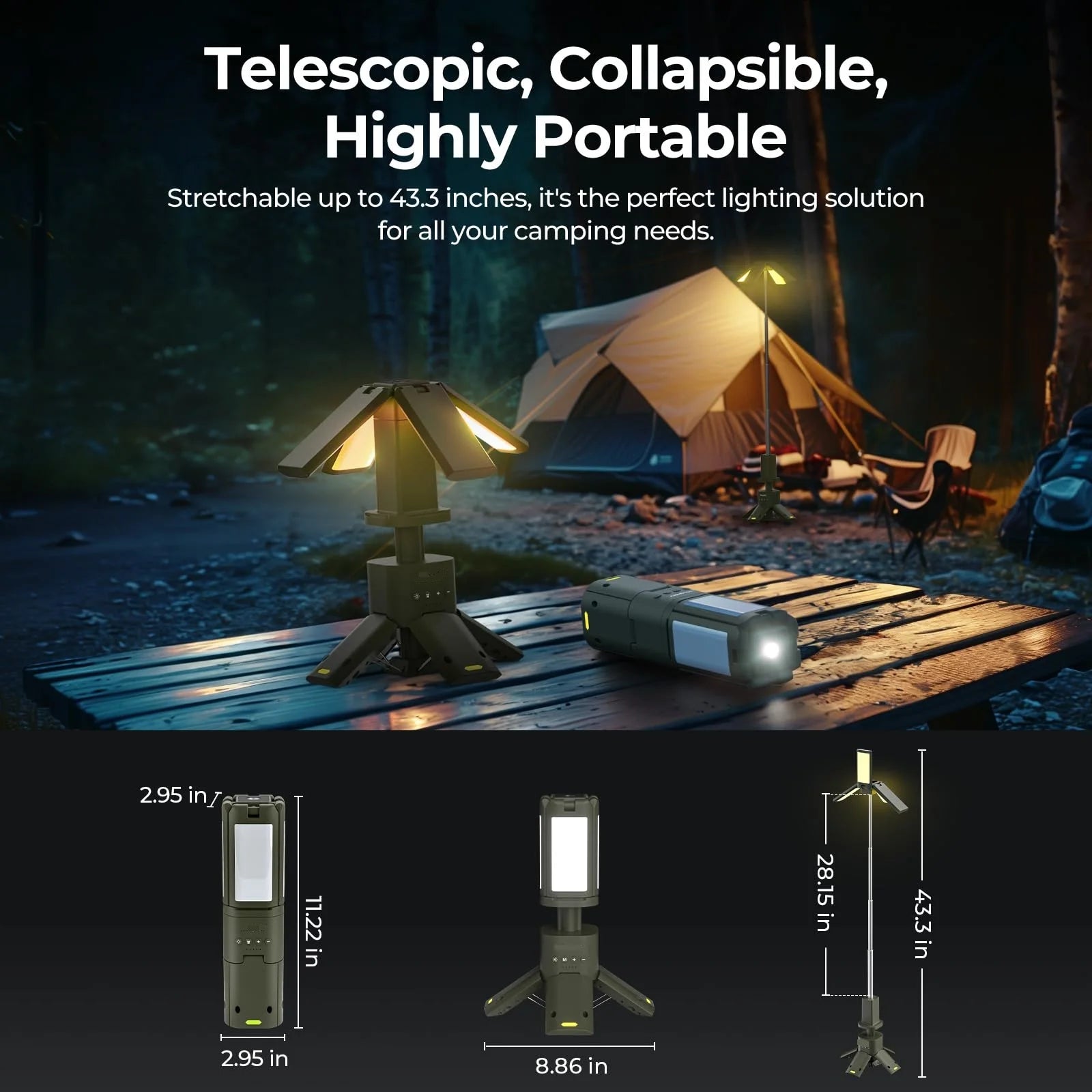 Telescopic Camping Lantern 14000mAh Rechargeable Built-in Magnetic Base Outdoor LED Flashlight for Hiking Fishing Tent Emergency