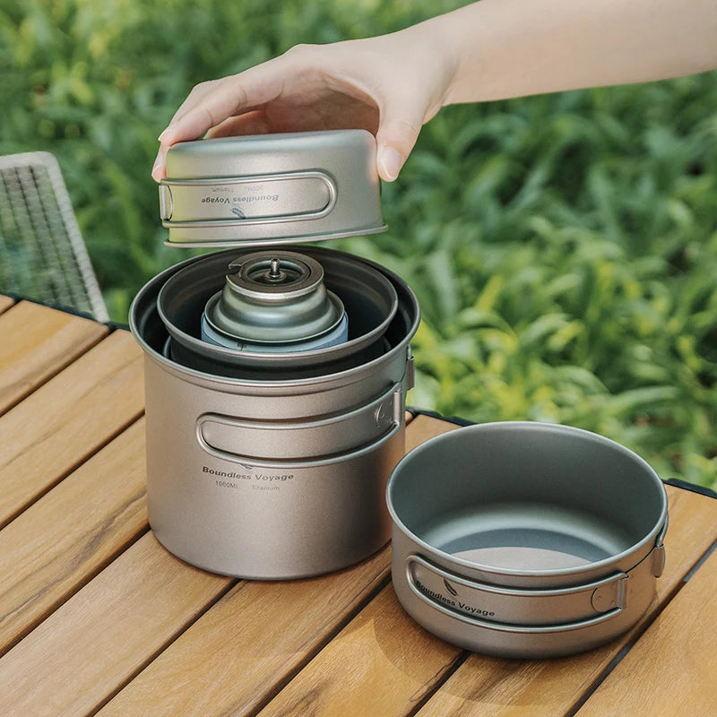 Boundless Voyage Outdoor Titanium Camping Pot Pan Set with Folding Handle Picnic Hiking Mini Size Cookware Mess Kit Ti2037-39C