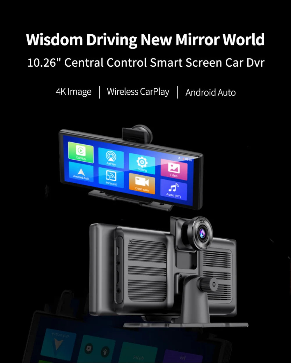 2024  10.26" Dash Cam 4K 2160P Rearview Camera Carplay & Android Auto GPS Navigation with Voice Control Car DVR BT FM Monitor