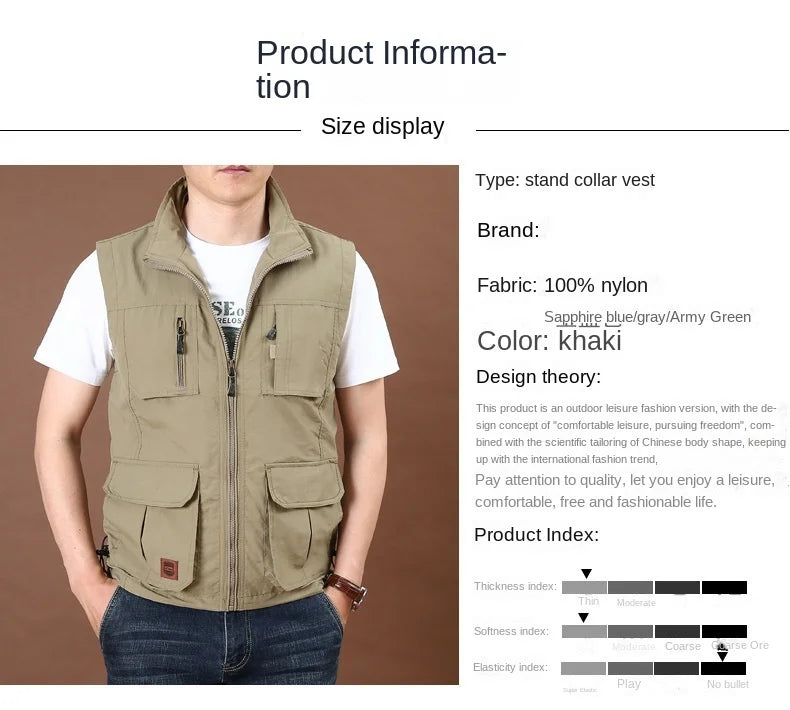 Men's Thin Tooling Loose Quick Drying Vest Men's Outdoor Sports Coat Multi Pocket Stand Collar Vest Spring Camping Fishing Vest