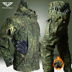 Camo Waterproof Tactical Sets Men Winter Soft Shell Hooded Jackets+Multi-pocket Cargo Pants 2 Pcs Suits Fleece Warm Combat Set