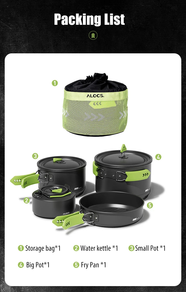 Alocs CW-C65 Camping Cookware Pots Fry Pan Water Kettle Set Compact Mess Kit Gear For Backpacking Travel Picnic Aluminum Alloy