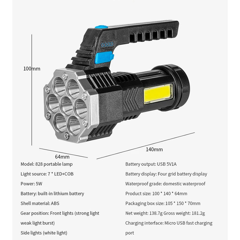 High Power Rechargeable Led Flashlights 7LED Camping Torch With Cob Side Light Lightweight Outdoor Lighting ABS Material