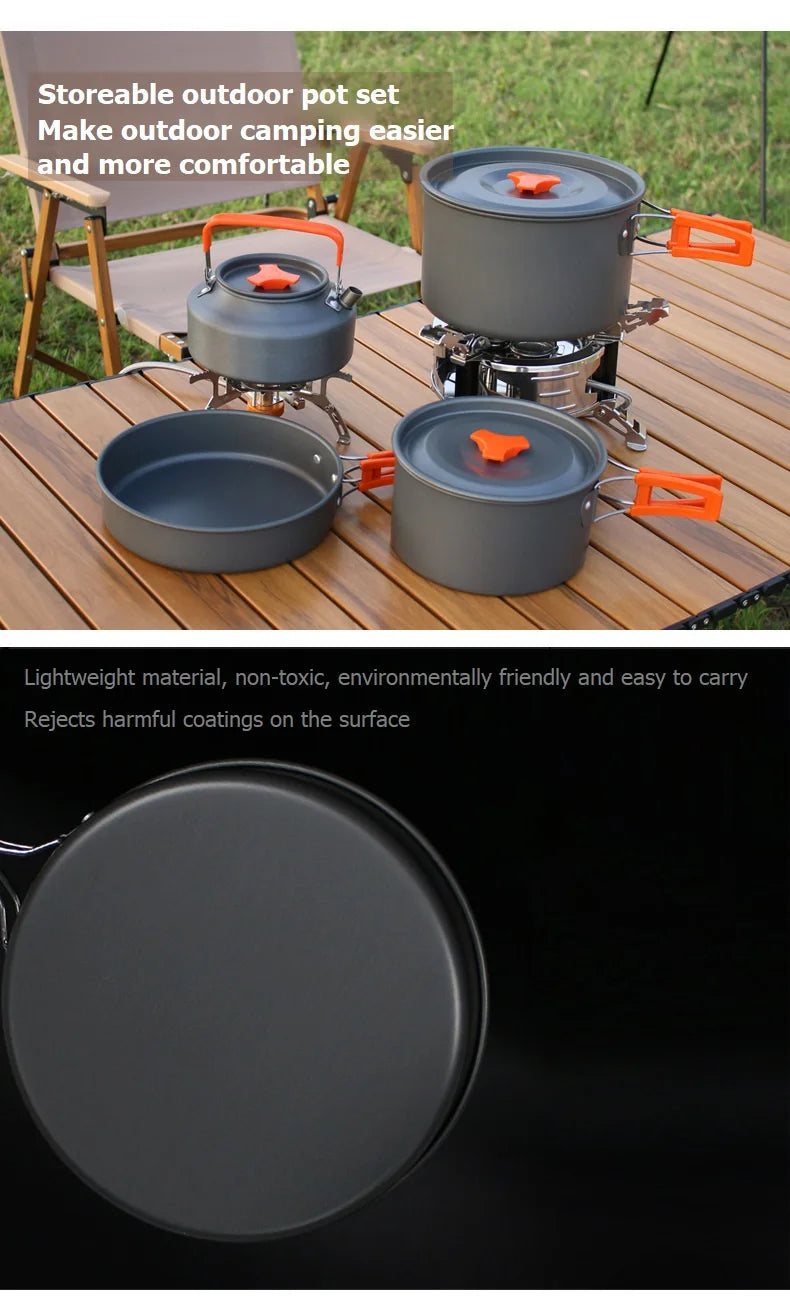 Aluminum Camping Cookware Portable Outdoor Tableware Cooking Set For Multiple People Pots Bowls Kettles Hiking Trips Bbq Picnics