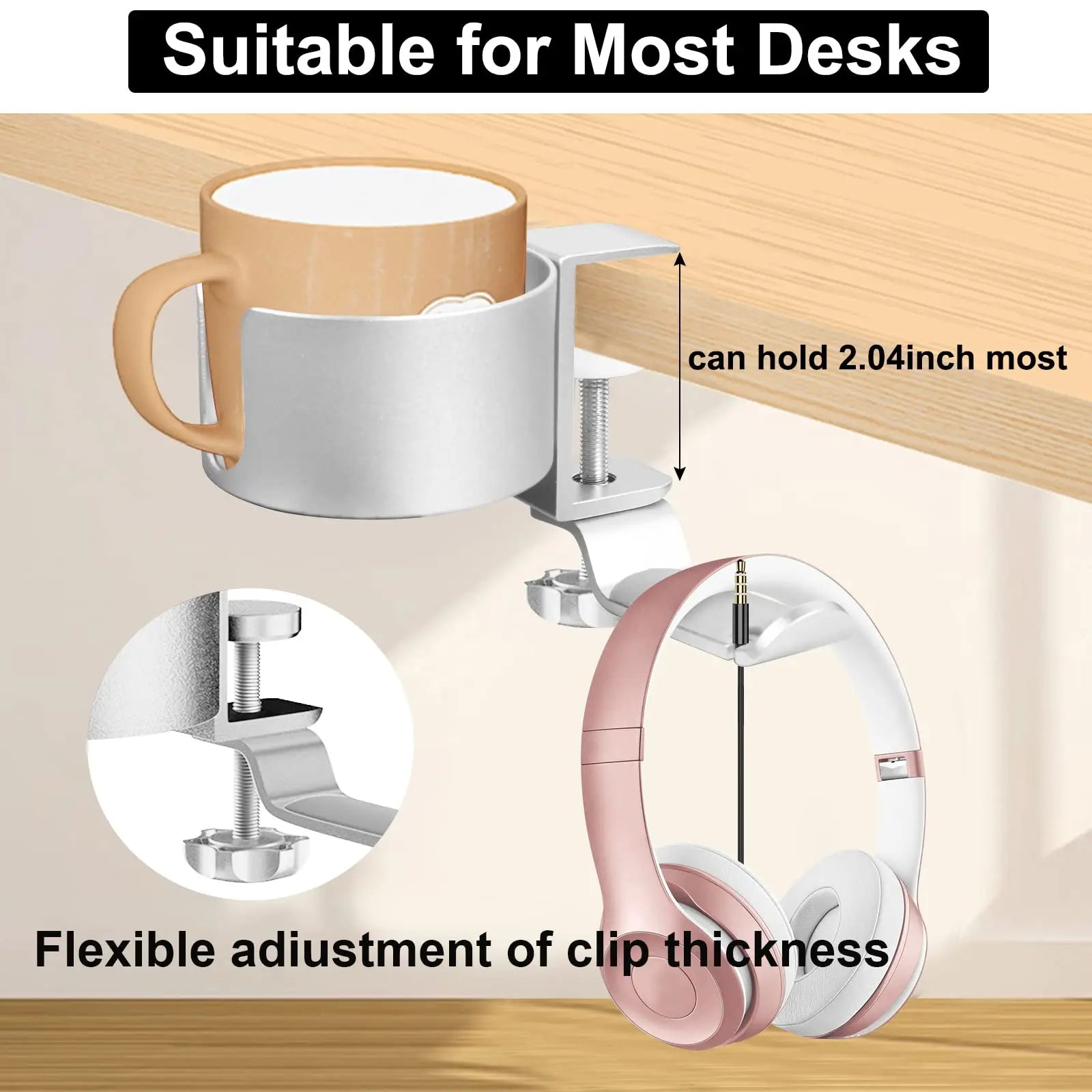 Desk Cup Holder Metal Under Desk Headphone Hanger Anti-Spill Rotating Cup Holder Clamp on Table Chair Coffee Mugs Bottles Rack