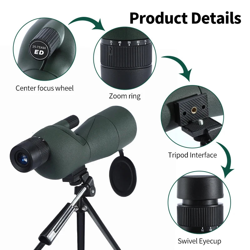 25-75x60 Zoom Spotting Scope ED Lens Powerful Monocular Bak4 Prism Telescope For Outdoor Camping Bird Watching Shooting