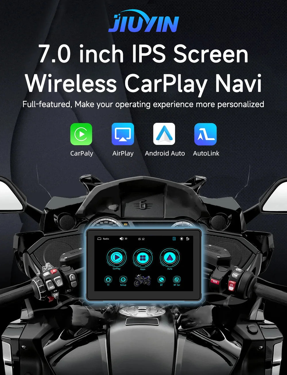 7"Motorcycle Multimedia Player GPS Navigation Recorder Wireless CarPlay Android Auto IP67 Waterproof Screen Bluetooth 2024 New