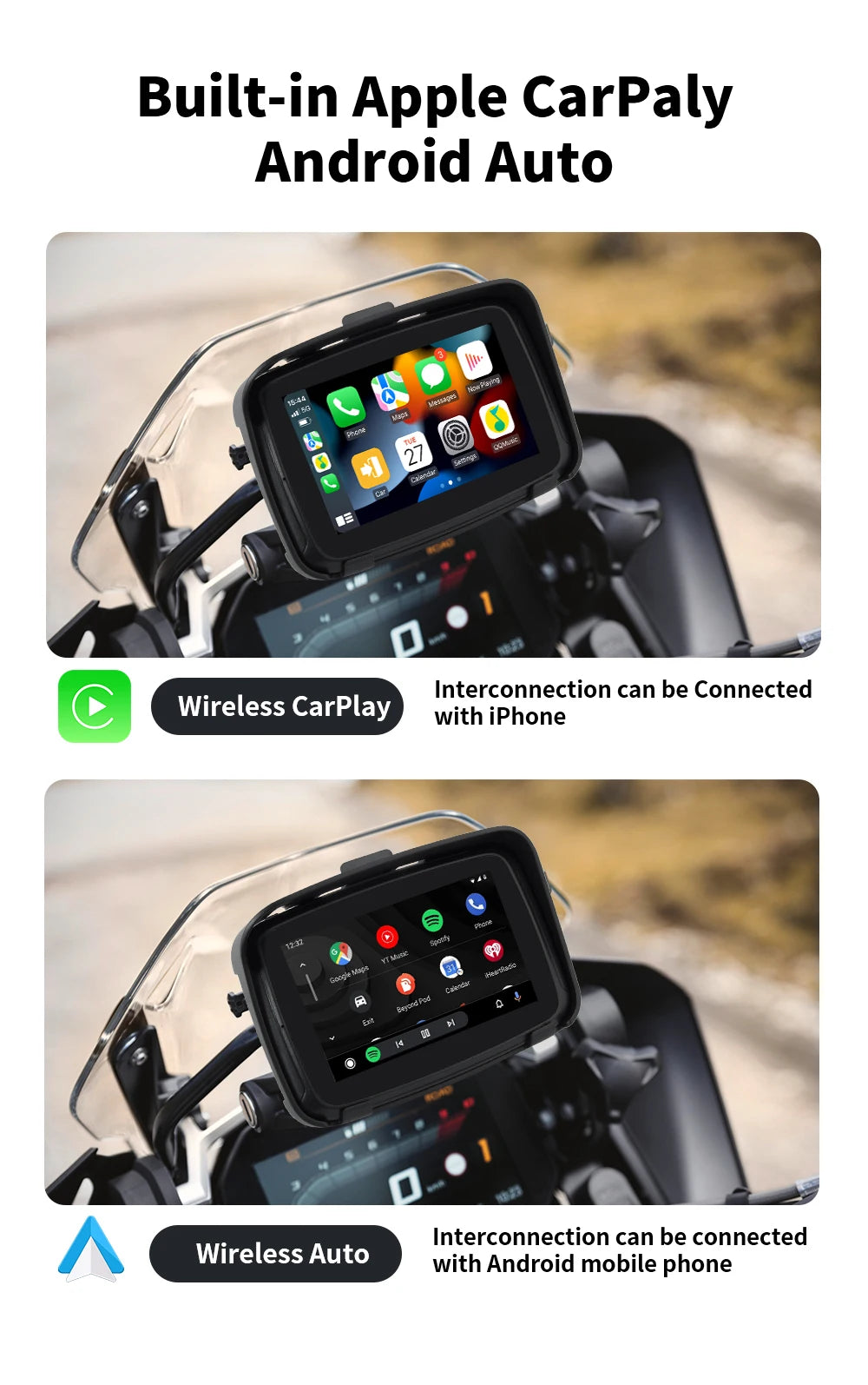 EKIY 5 Inch Motorcycle Wireless Apple Carplay Android Auto Portable Navigation GPS Screen IPX7 Motorcycle Waterproof Display