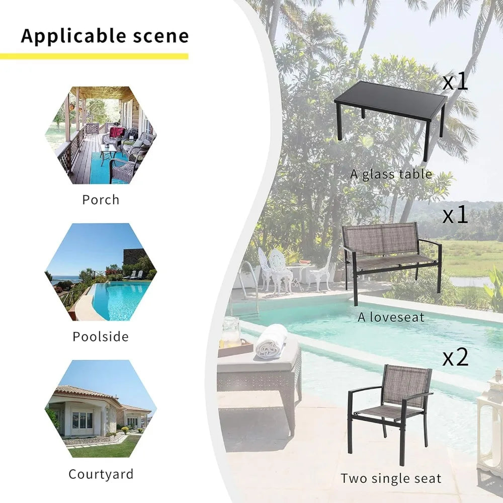 Loveseat Portable Folding Chair Lawn 2 Single Chairs for Home Garden With Glass Coffee Table Porch（Black） Outdoor Furniture