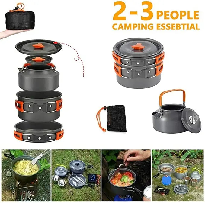 Aluminum Outdoor Camping Cookware Set with Mesh Bag Folding Cookset Camping Kitchen Cooking Teapot and Pans Equipment