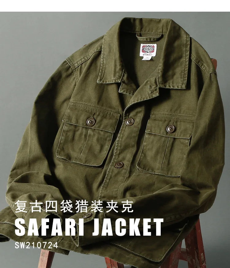 Men's Retro Four-pocket Hunting Lapel Work Jacket, Military Style, Casual, Multi-pocket, Trekking, Camp, Riding Clothing, Autumn