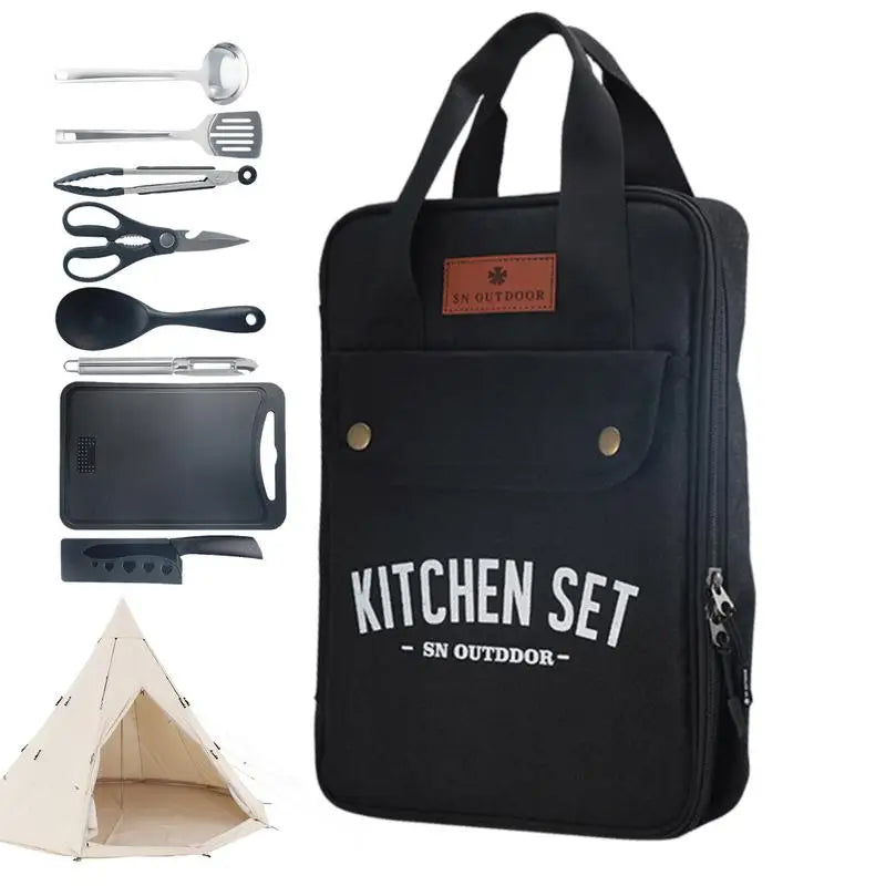 8pcs/set Camping Kitchen Cookware Set Portable Camp Kitchen Set Spatula And Cutting Board Storage Bag Set Camping Kitchenware