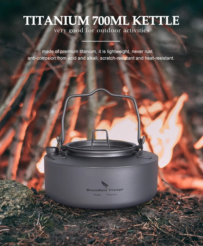 Boundless Voyage Titanium Camping Kettle Portable Teapot with Folding Handle Outdoor Cookware Ultralight Tableware 700ml Ti3100D