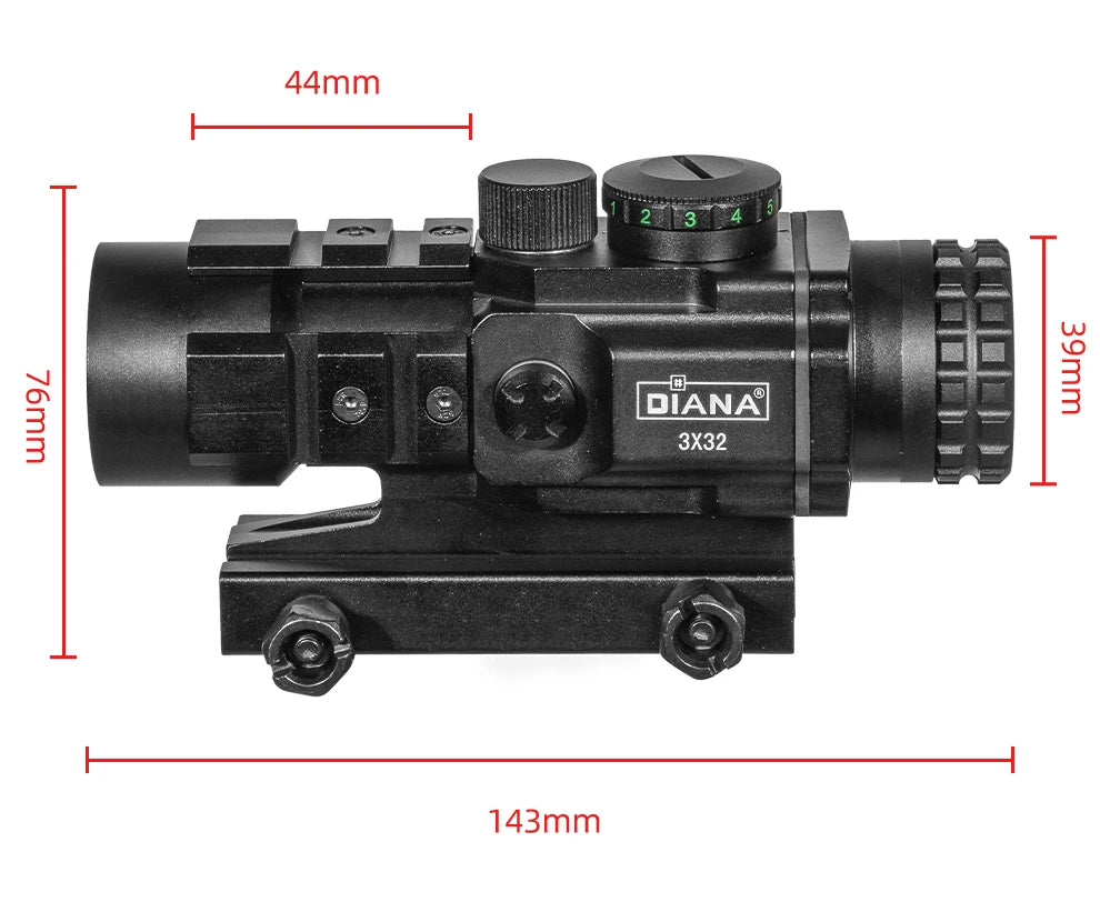 Diana 3X32 Red Dot Green Light Hunting Rifle Collimator Sight Tactical Optical Rifle Scope Spotting Scope for 20mm Rifle Hunting