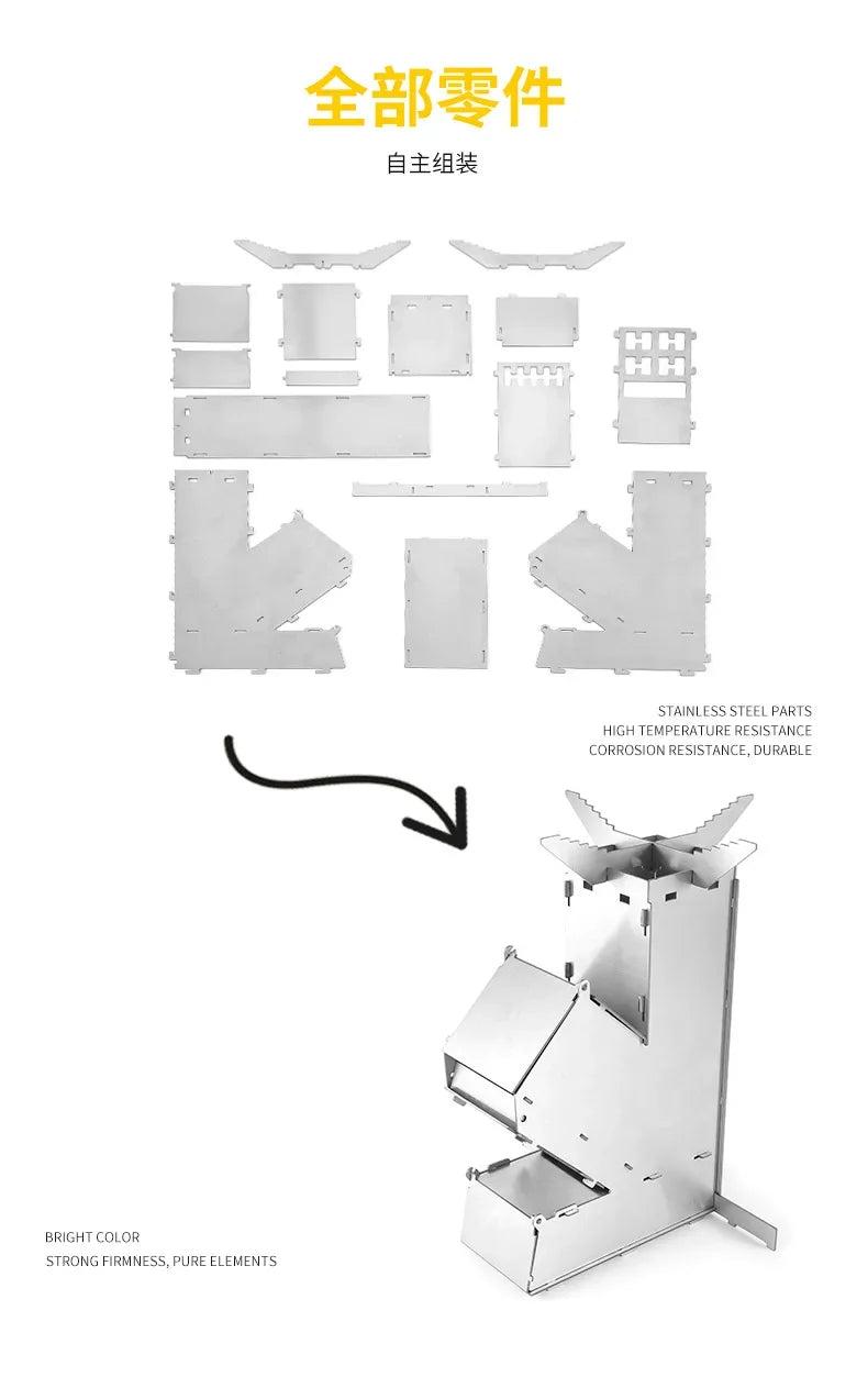 Outdoor Foldable Camping Wood Stove Lightweight Stainless Steel Rocket Wood Burning Stove Suitable for Outdoor Camping Barbecue