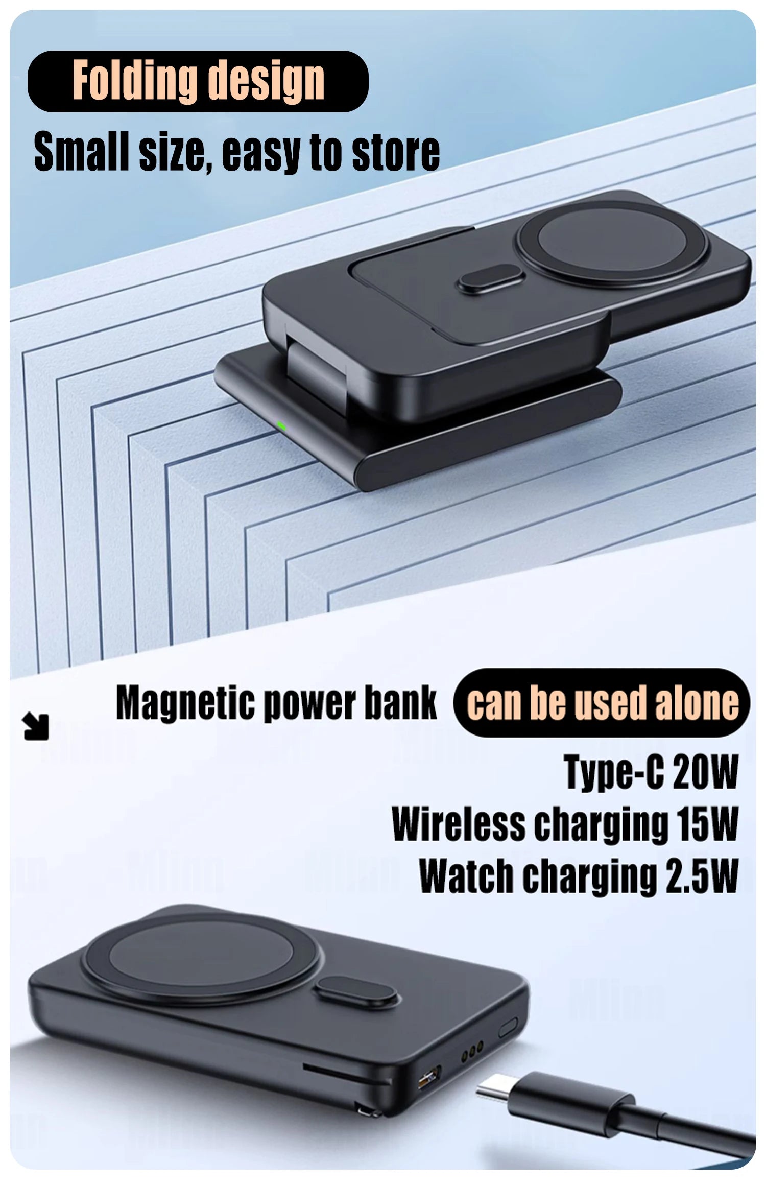 3 in 1 Wireless Charging Magnetic Station Foldable Fast Charger Stand Portable Battery Power Bank for MagSafe iPhone 15/14/13/12