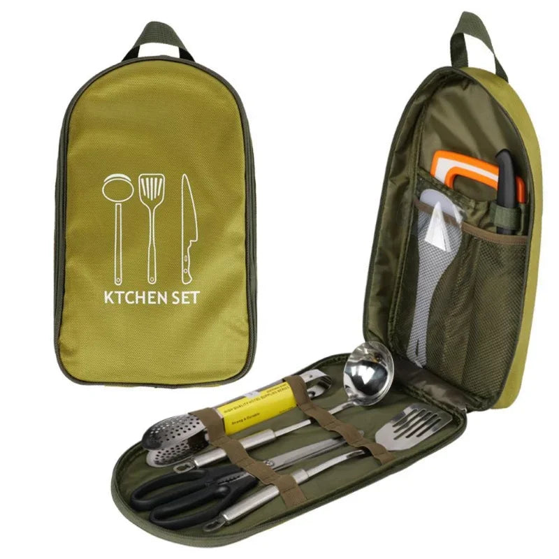 8Pcs/set Outdoor Camping Cookware Set With Knife Utensil Spoon Portable Picnic Kitchen Utensils Tableware Storage Handbag