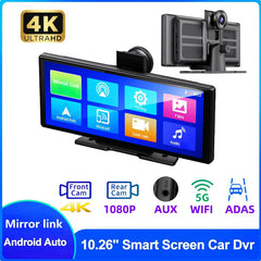 2024  10.26" Dash Cam 4K 2160P Rearview Camera Carplay & Android Auto GPS Navigation with Voice Control Car DVR BT FM Monitor