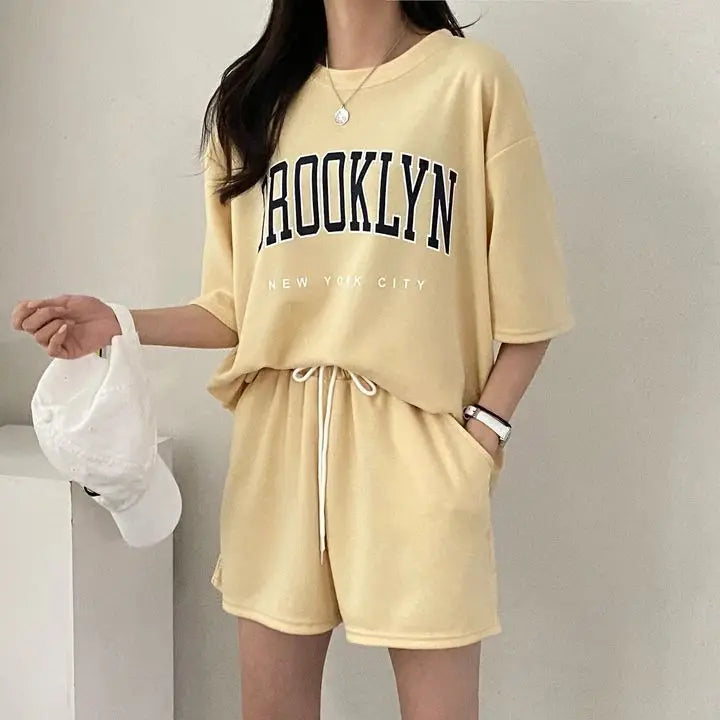 Korean Style Summer Female Sporty Outfit Running Gym Suit Women Clothing Two Piece Sets Short Sleeve T shirt Top Shorts Casual