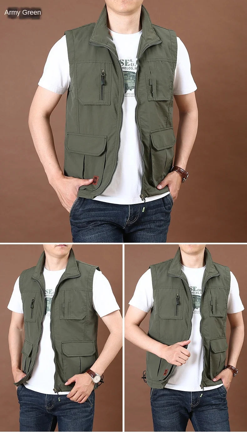 Men's Thin Tooling Loose Quick Drying Vest Men's Outdoor Sports Coat Multi Pocket Stand Collar Vest Spring Camping Fishing Vest