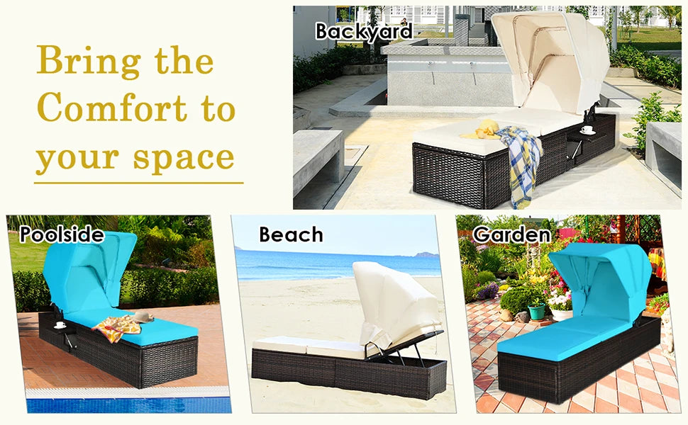 Outdoor Chaise Lounge Chair with Folding Canopy,Adjustable Cushioned Reclining Chair with Flip-up Tea Table,Rattan Sun Lounger