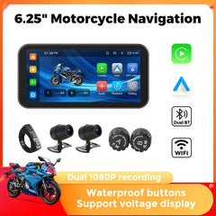 Portable 6.25 inch IP67 Waterproof Motorcycle GPS Navigation Wireless Carplay Android Auto DVR Drive Recorder Moto Monitor WIFI