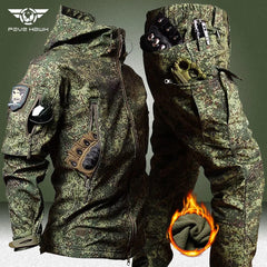 Camouflage Cargo Winter Sets Men Soft Shell Hooded Jackets+Multi-pocket Straight Pants 2 Pcs Suits Waterproof Training Suits