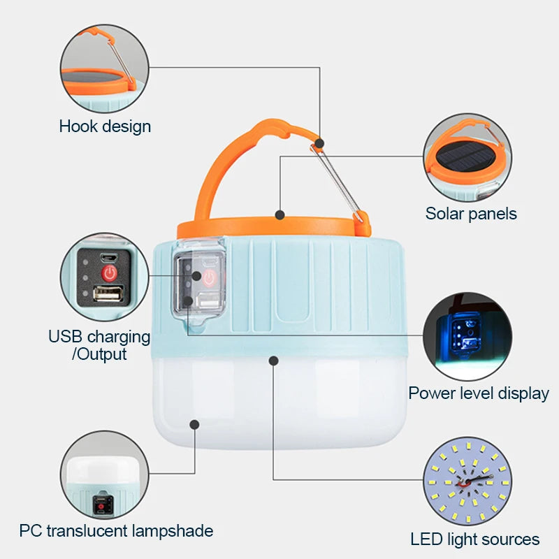 Solar LED Camping Light Waterproof Portable Tent Lamp Rechargeable Lanterns Outdoor Emergency Lights Market Energy Saving Bulb