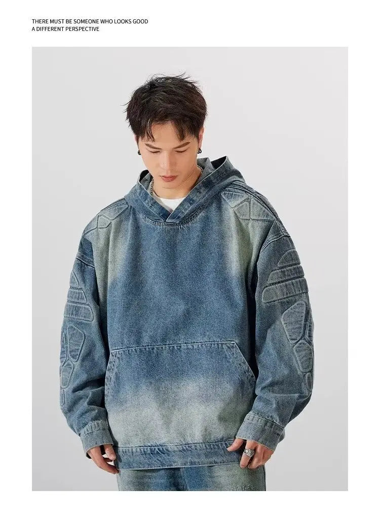 Denim Hooded Jacket Men Women Convex Turtle Shell Pattern Loose Casual Vintage Sweatshirt Coat Street Washed Denim Pullovers New